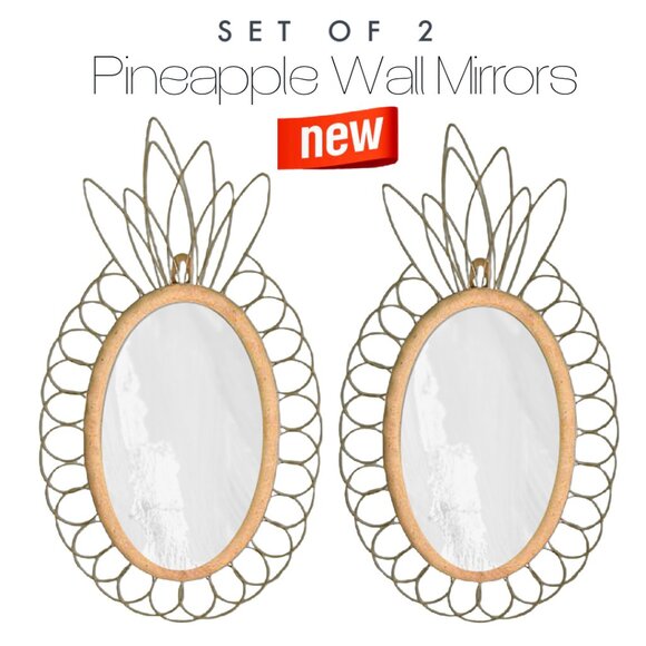 Set of 2 BRAND NEW IN BOX Gold Tone Pineapple Wall Mirrors Boho Jungalow Decor